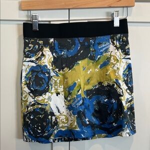 Painted Floral Stretch-Waist Mini Skirt in Blue/Black/Olive